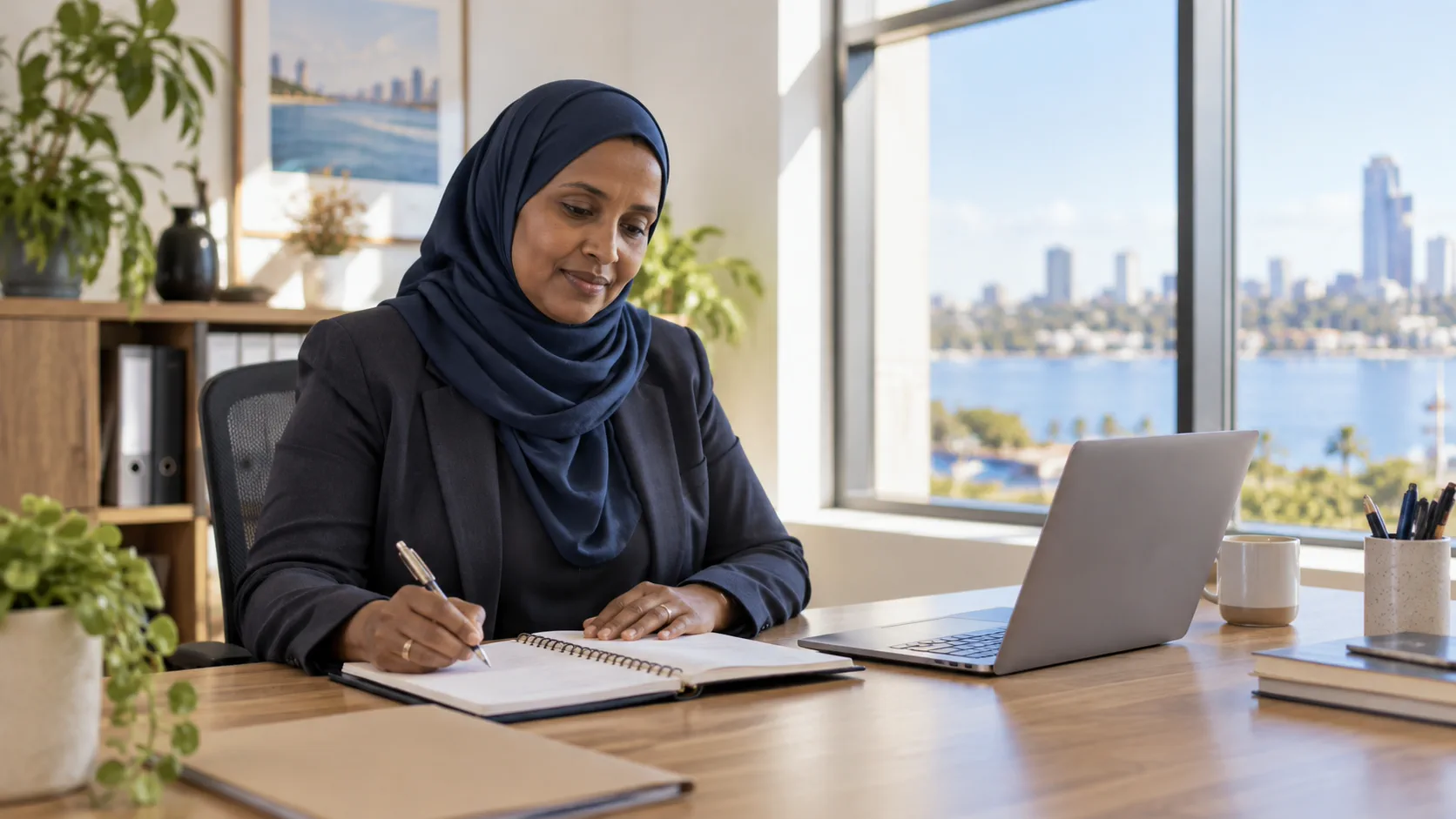 Adult businesswoman working with renewed focus in her Perth office