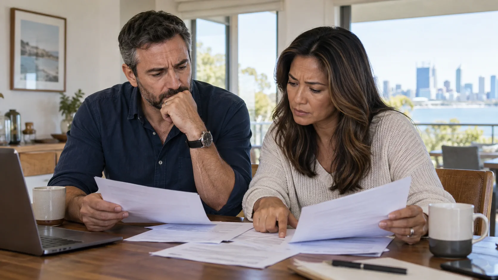 Adult couple reviewing difficult administrative documents in Perth