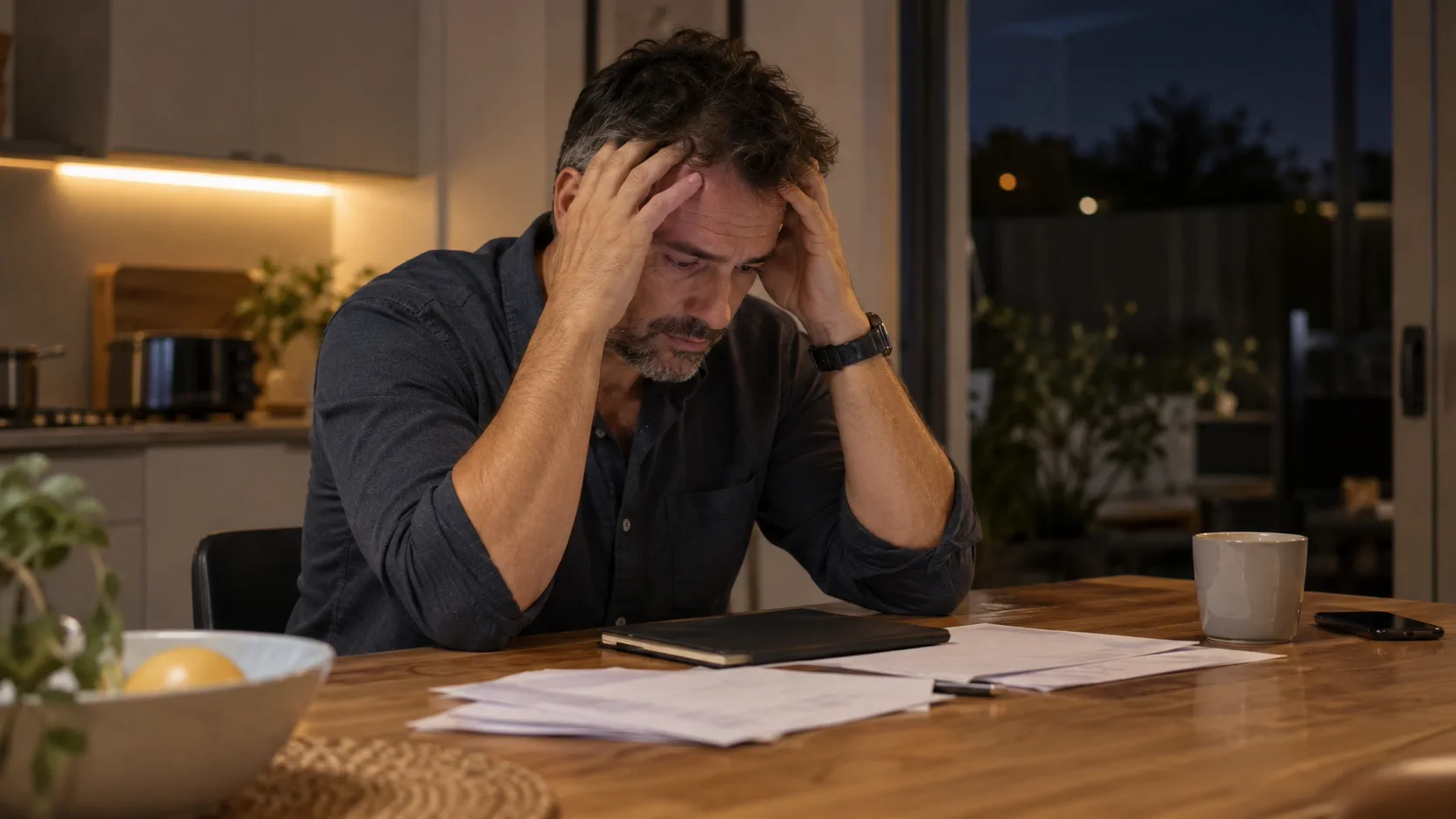 Adult man feeling mentally overwhelmed in his Perth home