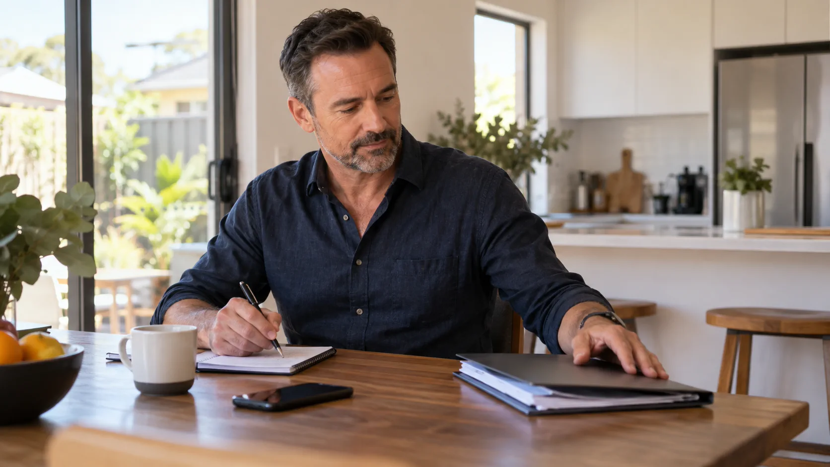 Adult man calmly organising his next steps at home in Perth