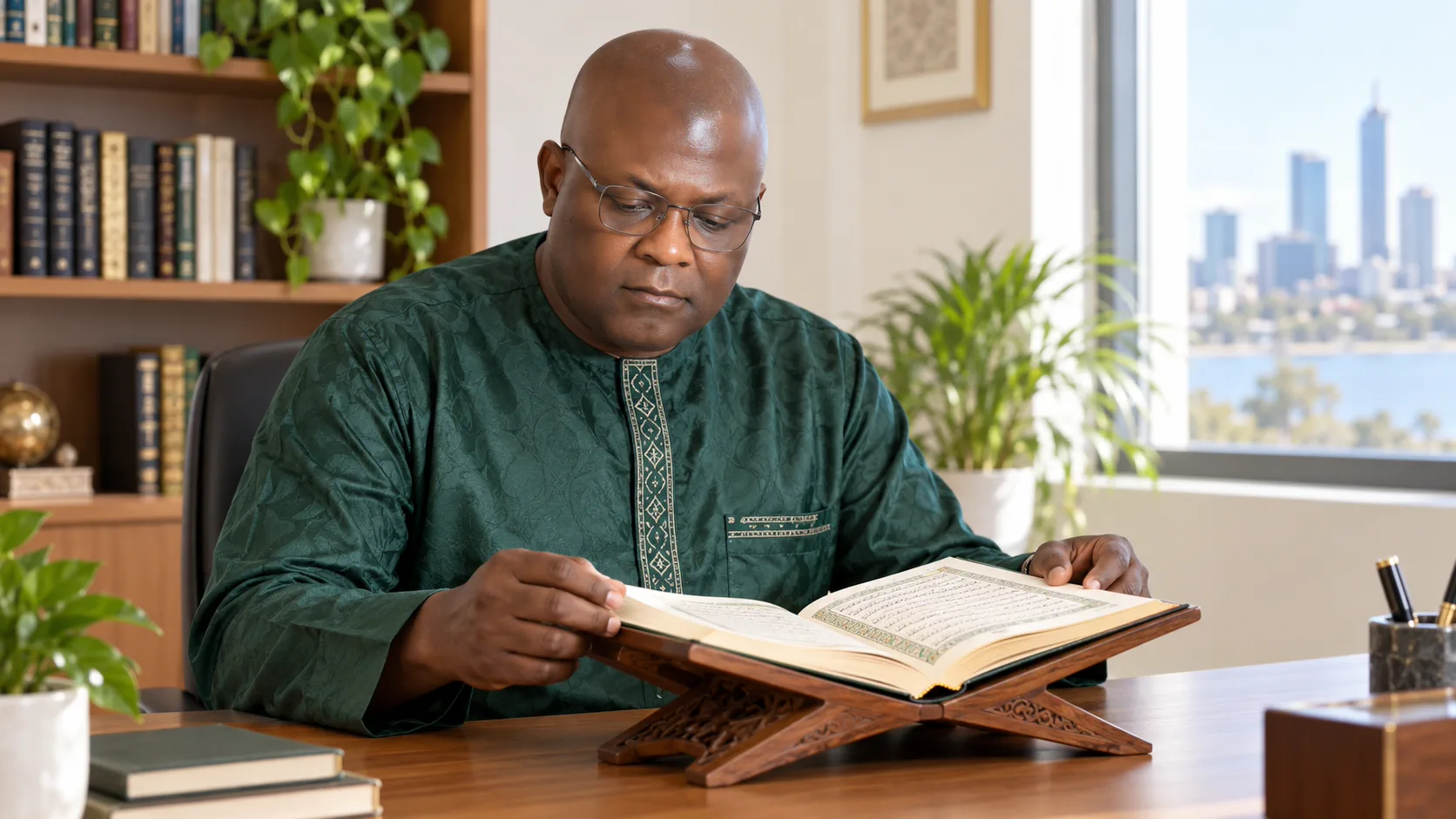 Professor Adam respectfully reading the Quran in his Perth study