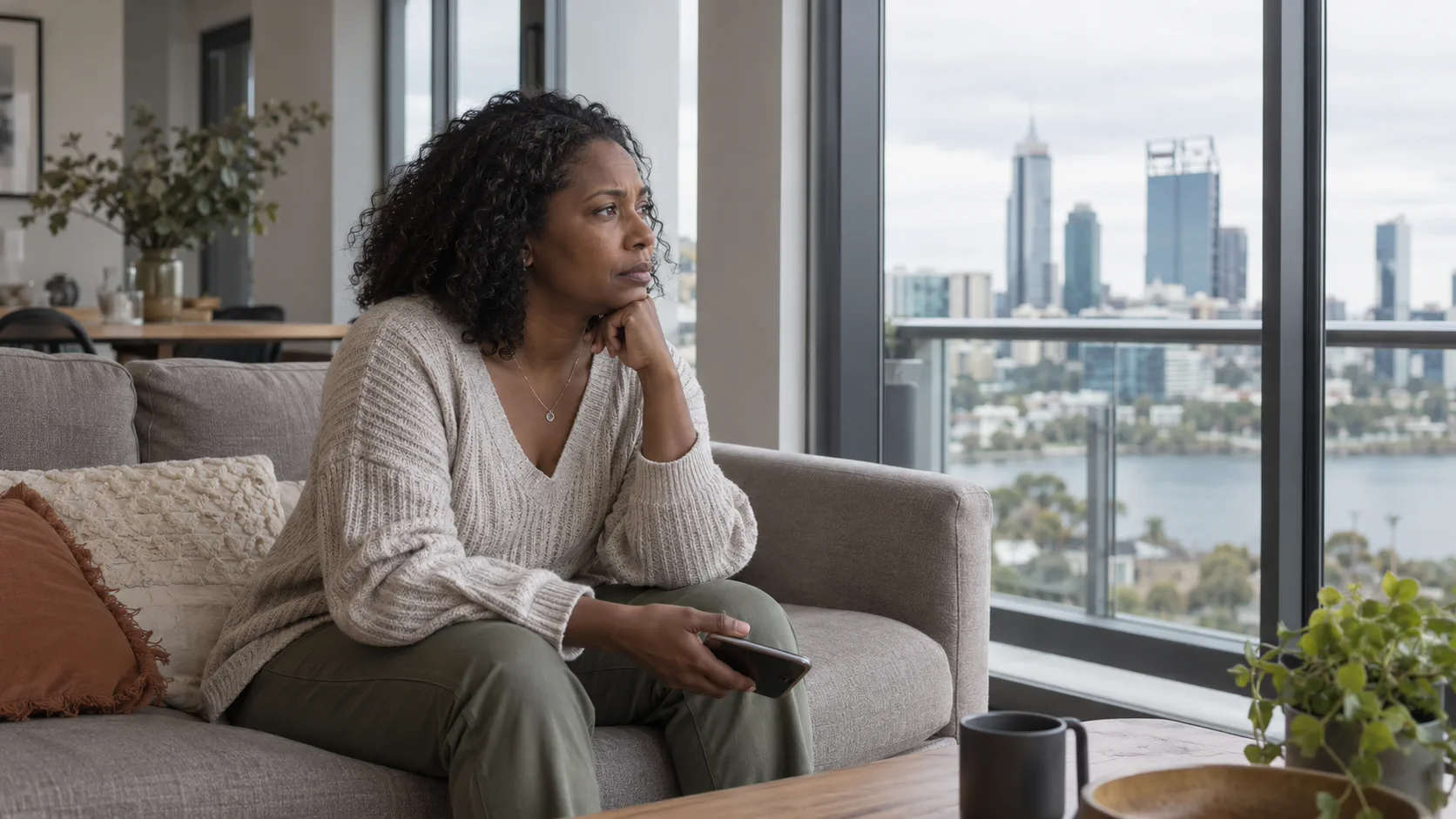 Adult woman reflecting on relationship distance in Perth