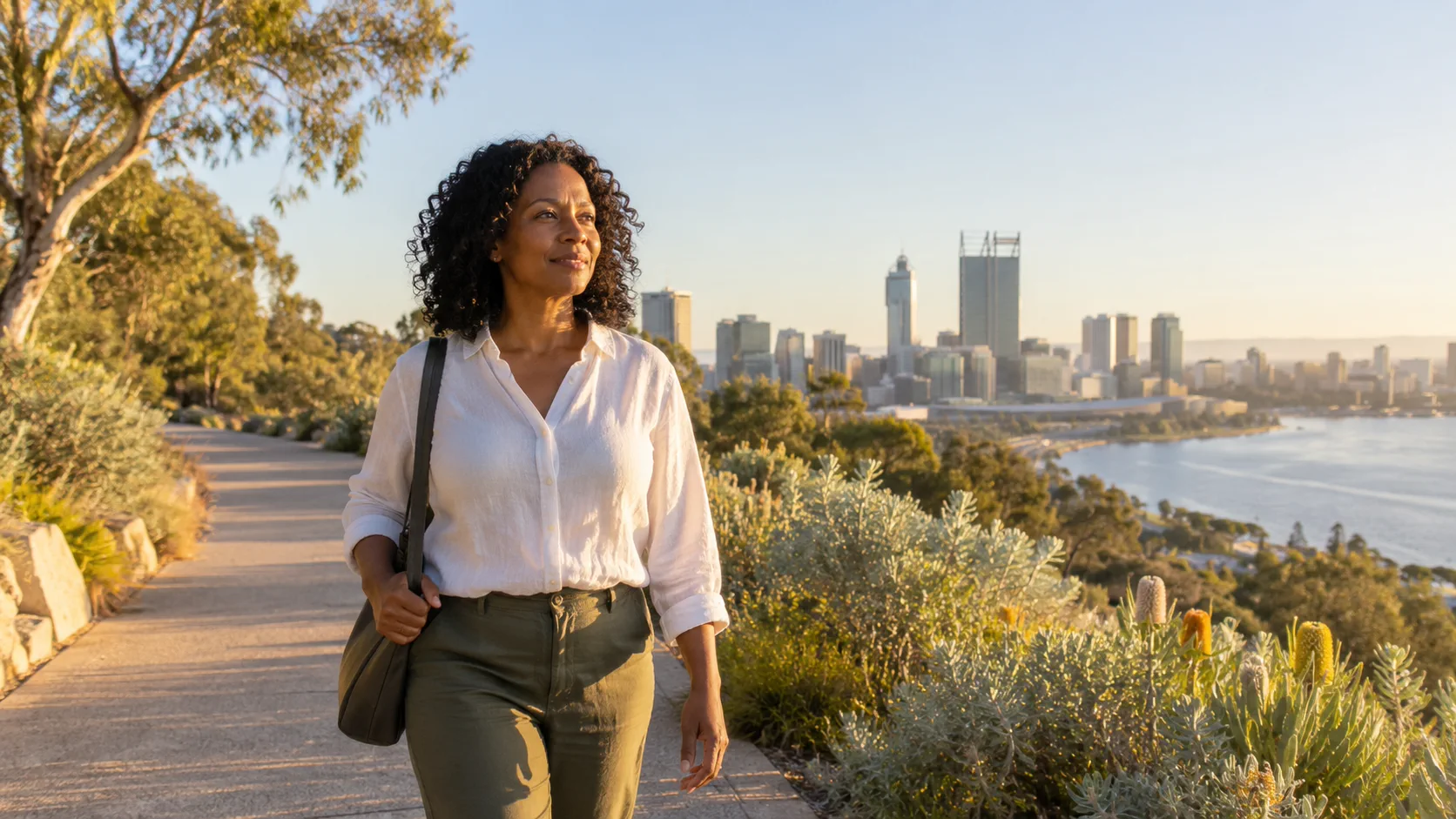 Adult woman walking confidently through Kings Park in Perth